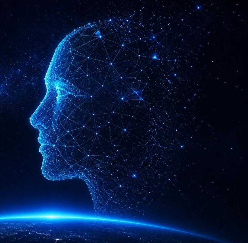 Glowing AI network head above a planet horizon, symbolising Navis Digital AI automation and intelligence